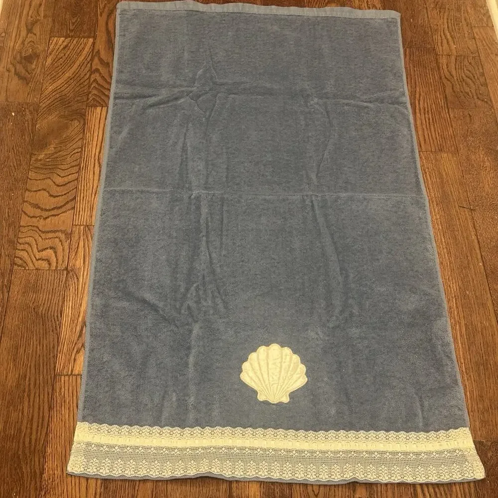 VTG Saturday Knight Bath Towel & Wash Rag Blue Sea Shell Embellished Cotton US